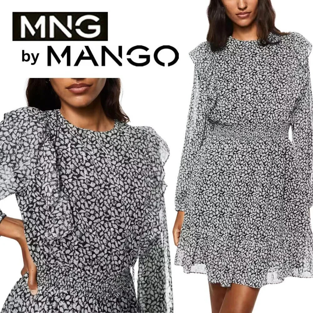 MNG by Mango, Shimmer Ruffled Long Sleeve Abstract Mini Dress, Black, White‎